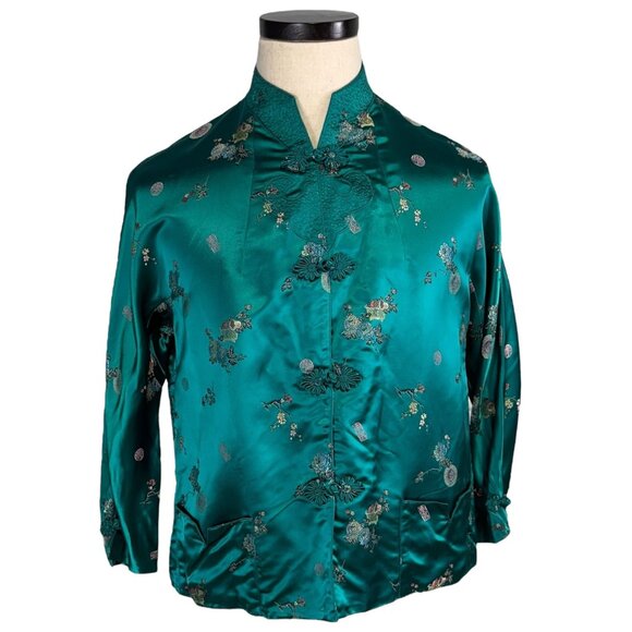 Vintage 1940s Emerald Green Satin Kimono Top Floral Embroidered Size 38 - Picture 1 of 9